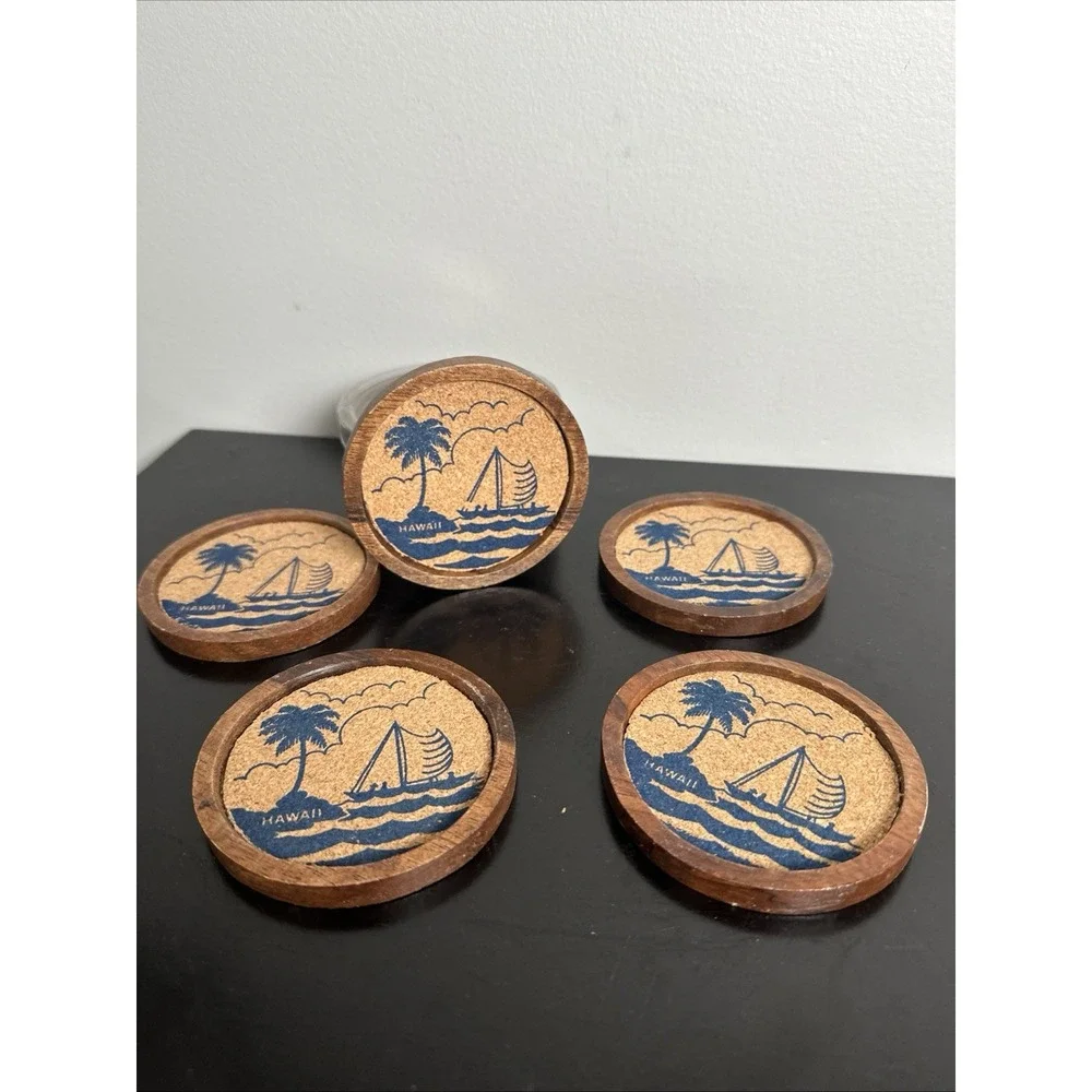Vintage Souvenir Cork & Wood Coasters Hawaii Lot of 10 Round Beach Sailboat